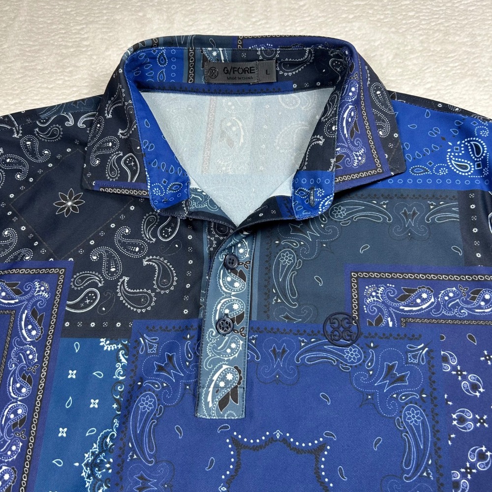 G/FORE Paisley Bandana Print Golf Polo Shirt Mens Large Blue Patchwork Short Slv